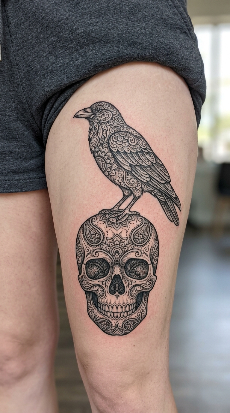 Henna Tattoo mit Krähe und Schädel Idee für den Oberschenkel