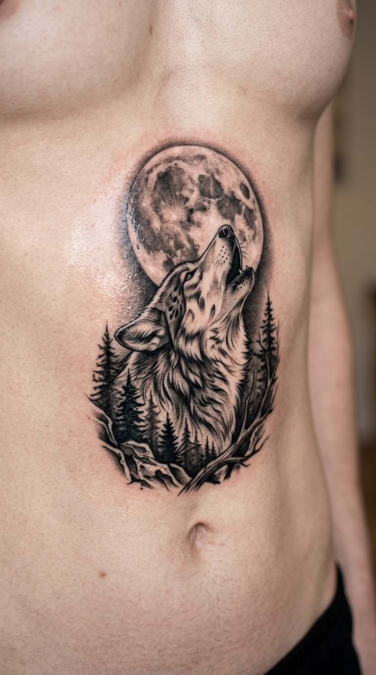 Heulender Wolf vor Vollmond Tattoo Idee für den Bauch