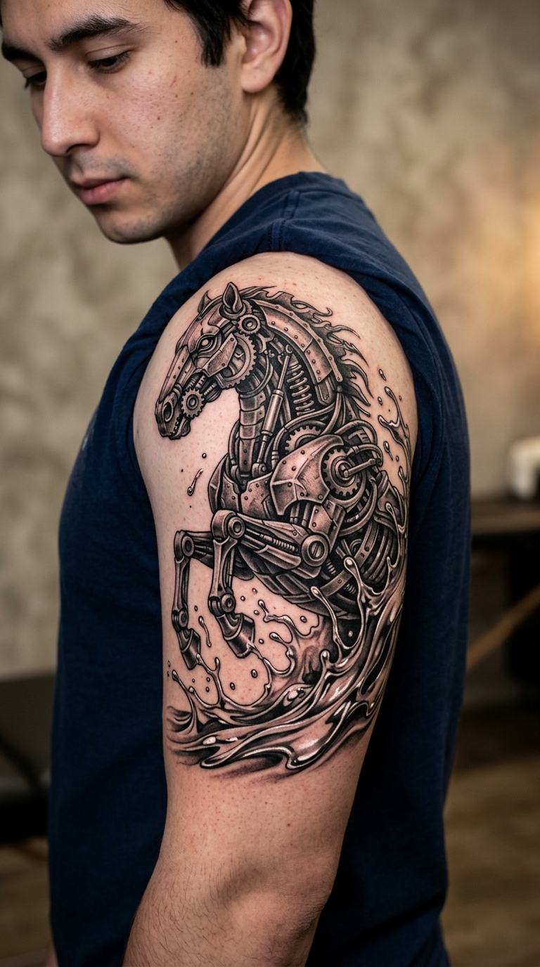 Kelpie als biomechanisches Tattoo auf der Schulter