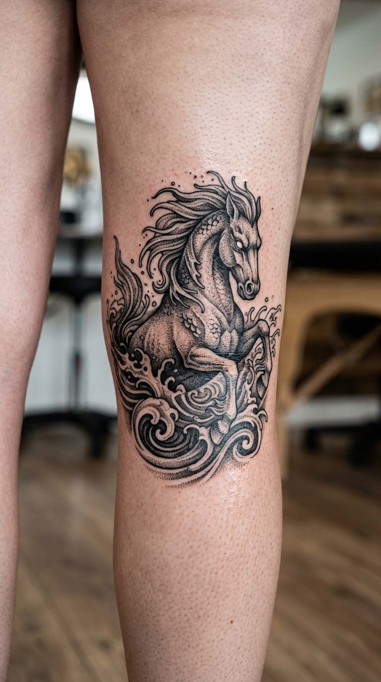 Kelpie im Dotwork Stil als Tattoo für die Kniekehle