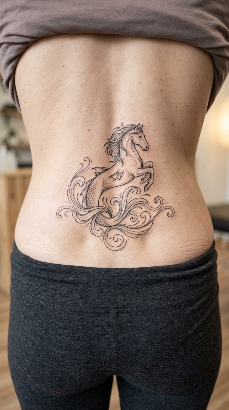 Kelpie im Wasser als feines Fineline Tattoo für das Steißbein