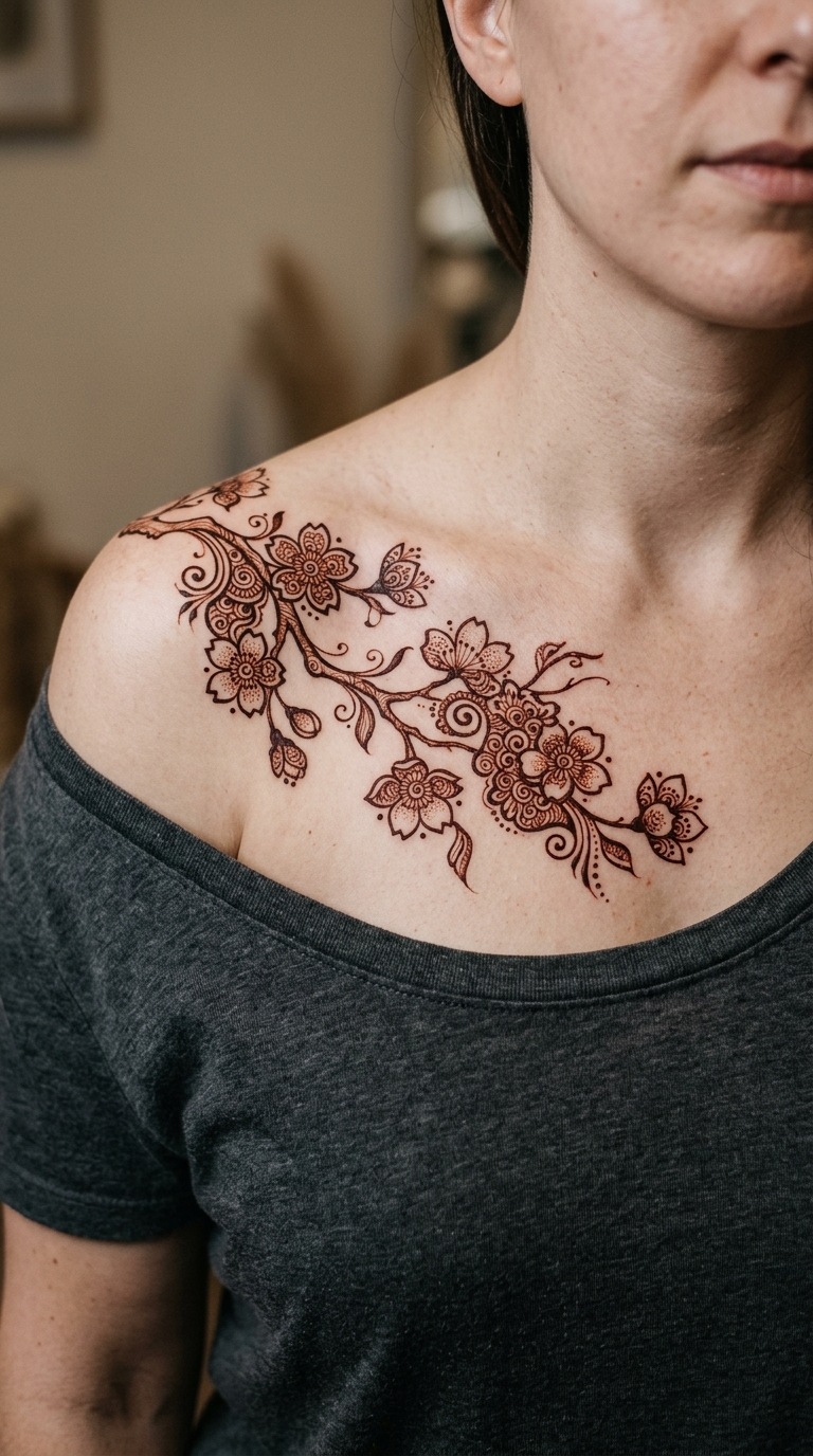 Kirschblütenzweig als Henna Tattoo Idee für Brust & Oberkörper