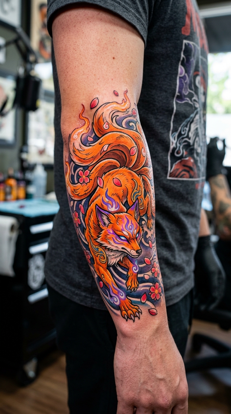 Kitsune Fuchs als Anime Tattoo für den Arm