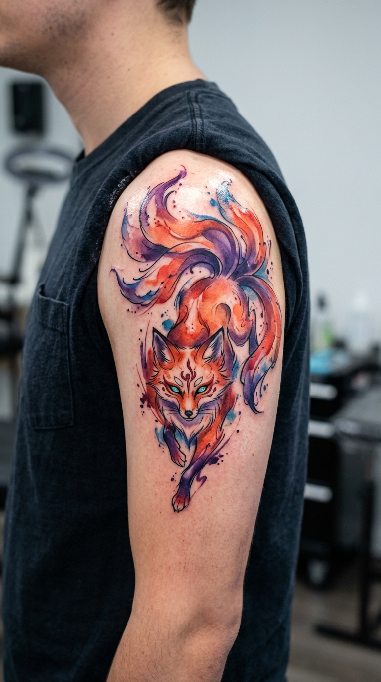 Kitsune Fuchs als Aquarell Tattoo auf der Schulter