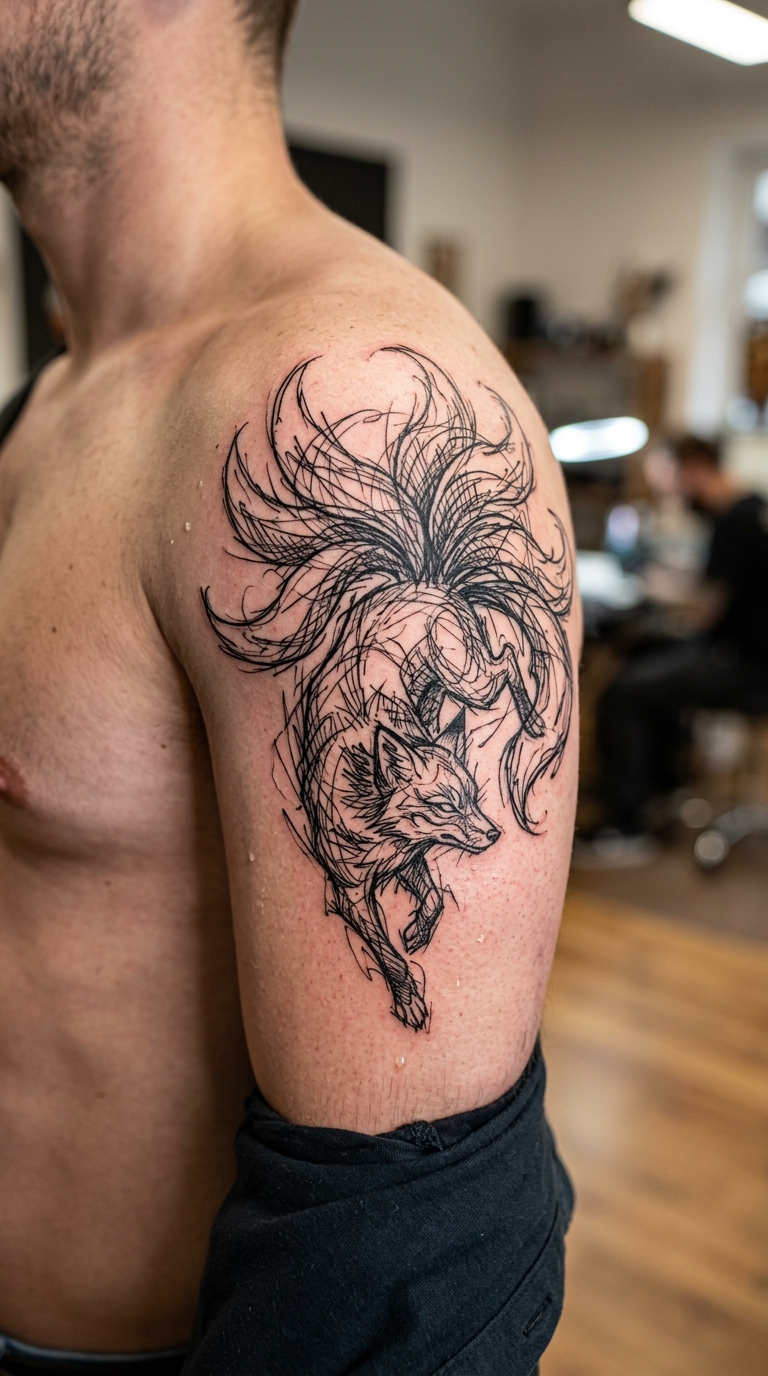 Kitsune Fuchs als kreuz und quer Tattoo auf dem Oberarm