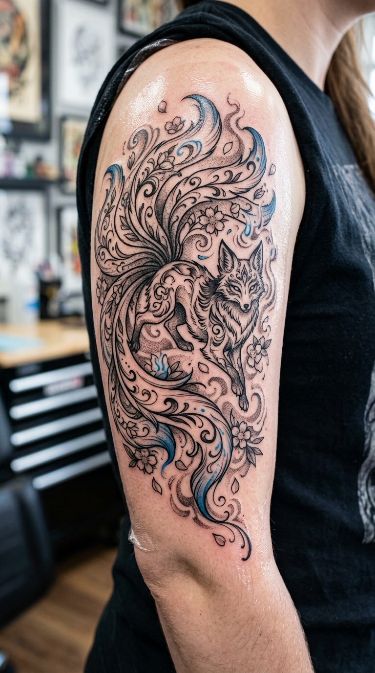 Kitsune Fuchs als mystische Tattoo Vorlage für den Oberarm