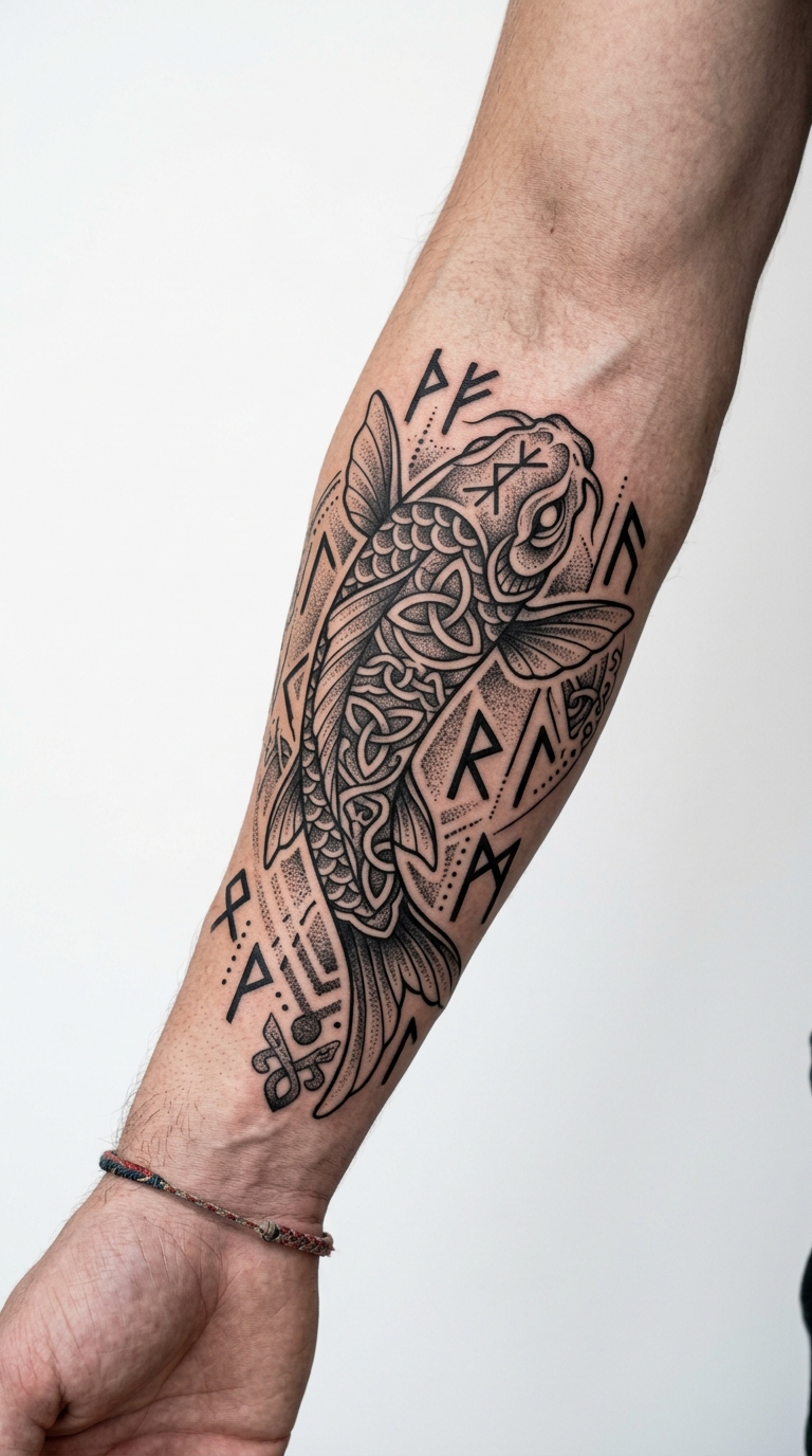 Koi Fisch Tattoo Vorlage im Wikinger und Celtic Stil für den Arm