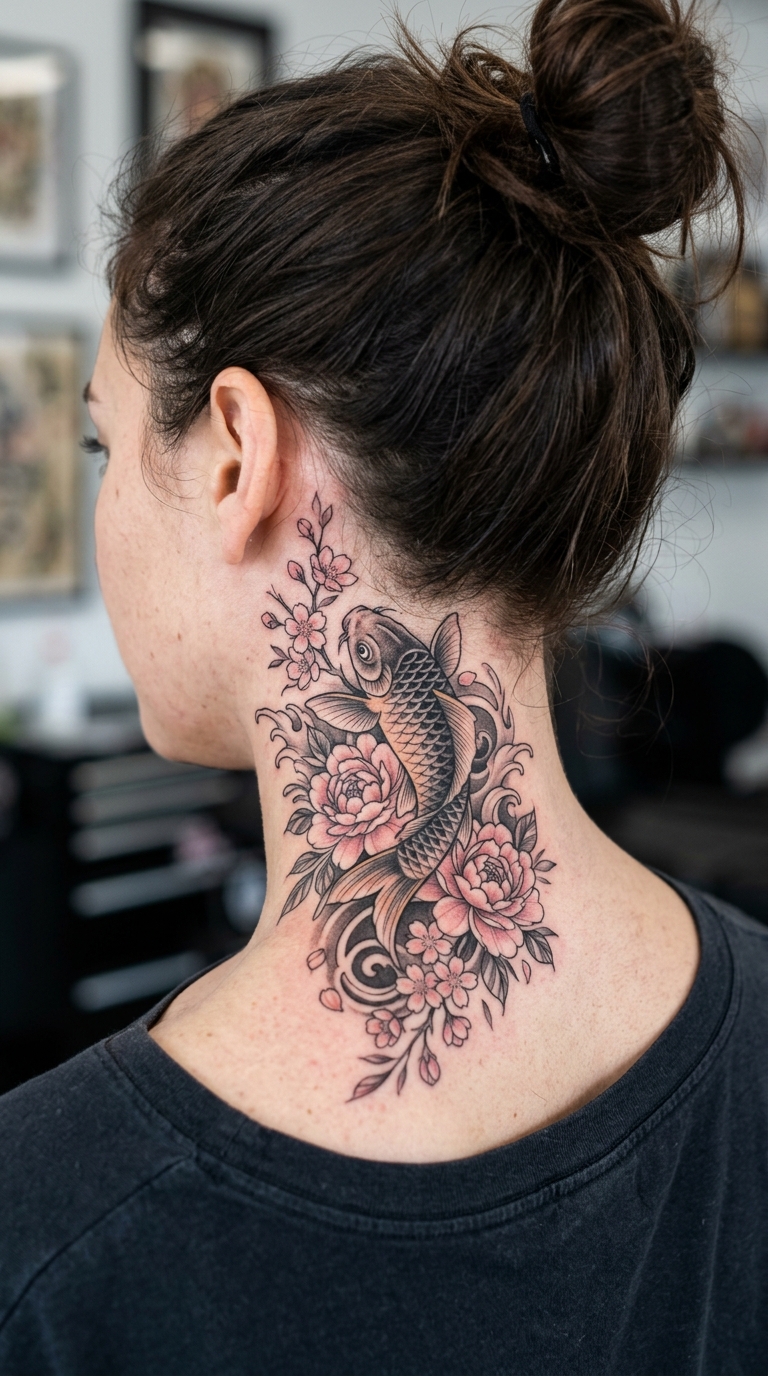 Koi Fisch und Blütenpracht als florales Tattoo im Nacken