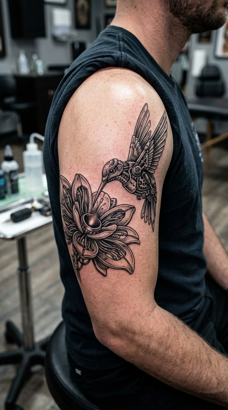 Kolibri und Blüte als biomechanisches Tattoo für den Oberarm