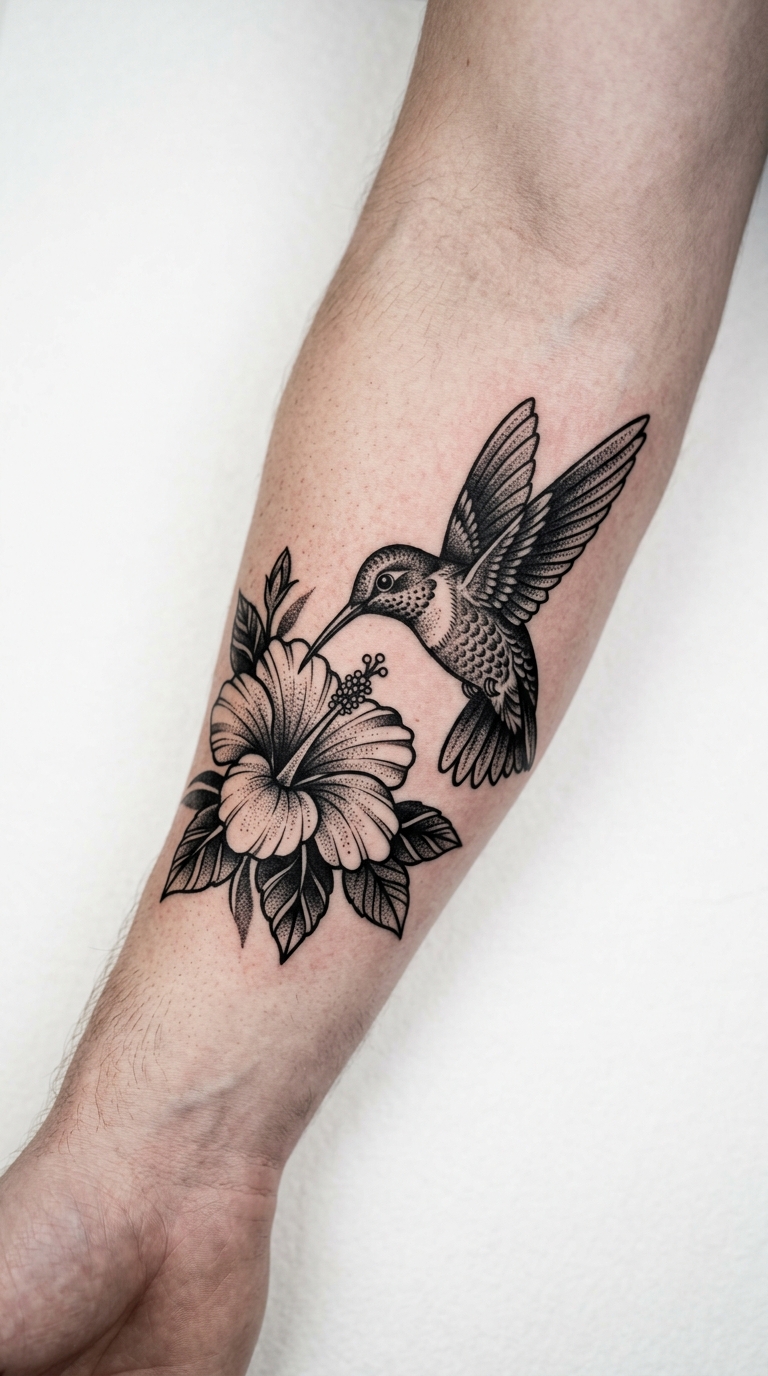 Kolibri und Blüte als Blackwork Tattoo auf dem Unterarm