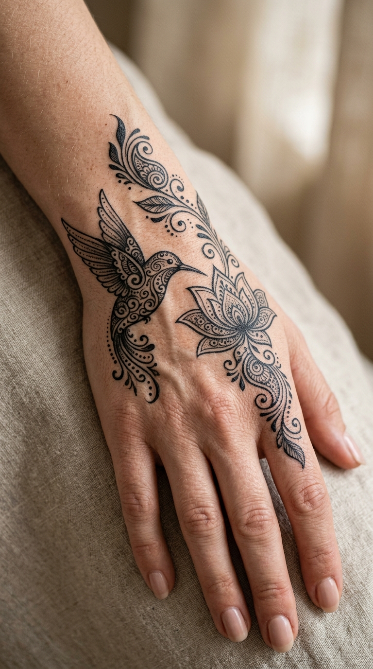 Kolibri und Blüte als Henna Tattoo für die Hand