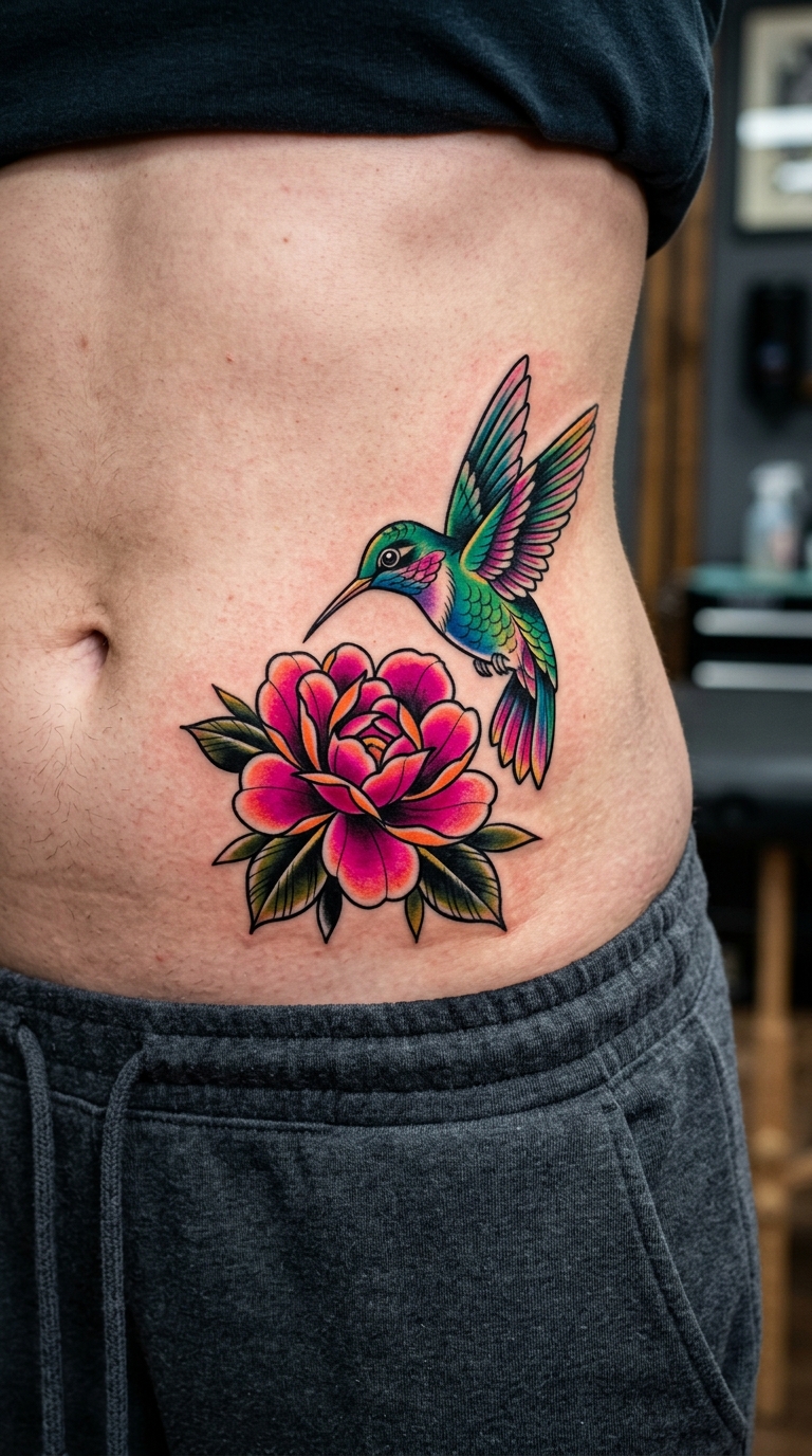 Kolibri und Blüte als Oldschool und Newschool Tattoo für den Bauch