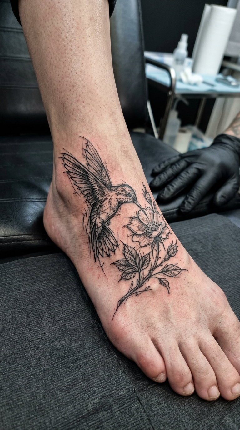 Kolibri und Blüte als Tattoo Vorlage für den Fuß