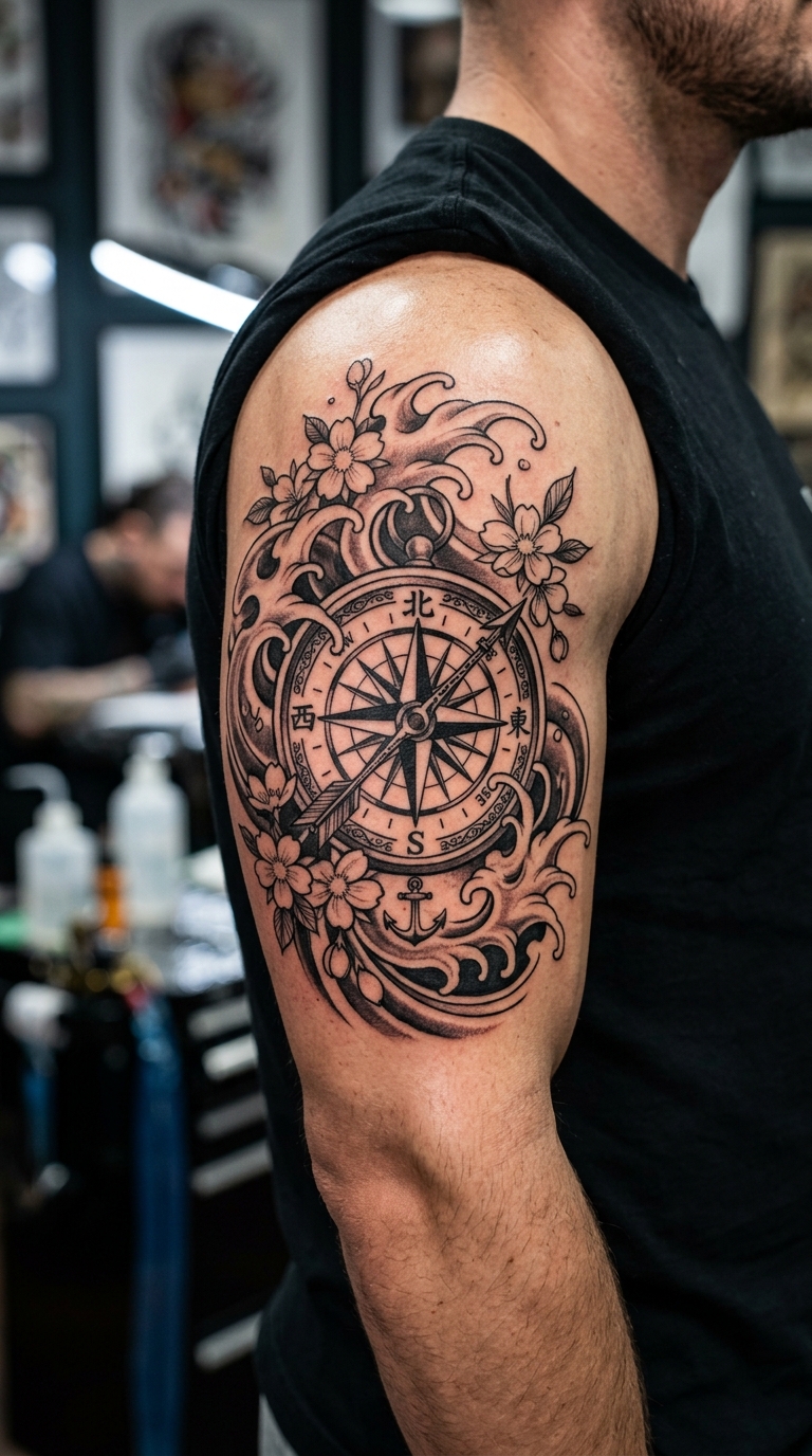 Kompass mit Windrose als Japanisch Tattoo Idee für den Oberarm