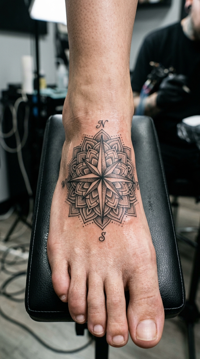 Kompass mit Windrose als Mandala Tattoo für den Fuß