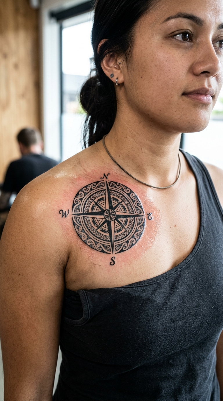Kompass mit Windrose als Maori Tattoo für das Schlüsselbein