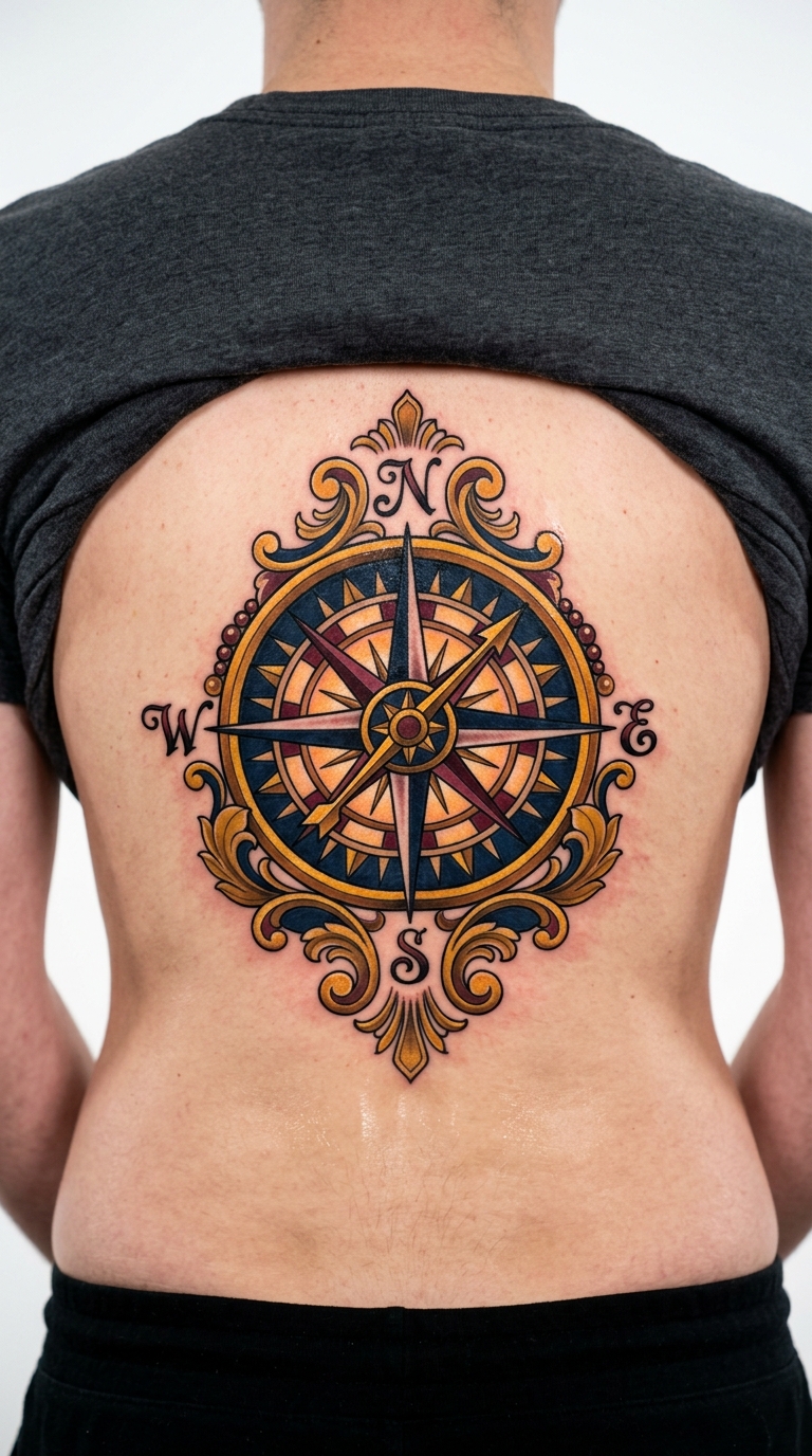 Kompass mit Windrose als Neo Traditional Tattoo für das Steißbein