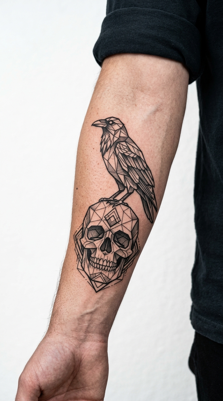Krähe auf Schädel als geometrische Tattoo Vorlage für den Unterarm