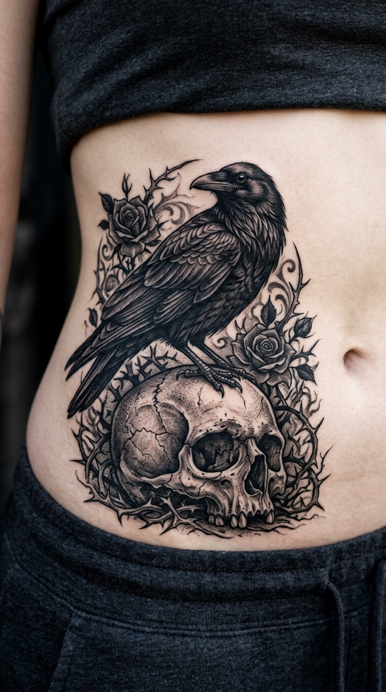Krähe auf Schädel als Horror Tattoo für den Bauch