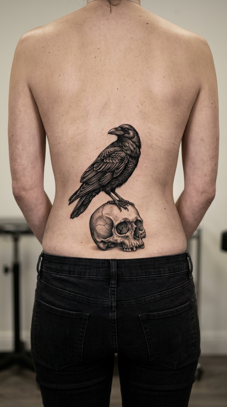 Krähe auf Schädel Tattoo Vorlage für das Steißbein