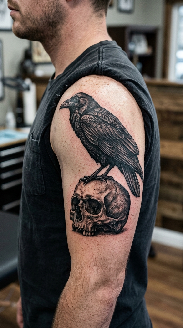 Krähe auf Totenschädel als Cover up Tattoo für die Schulter