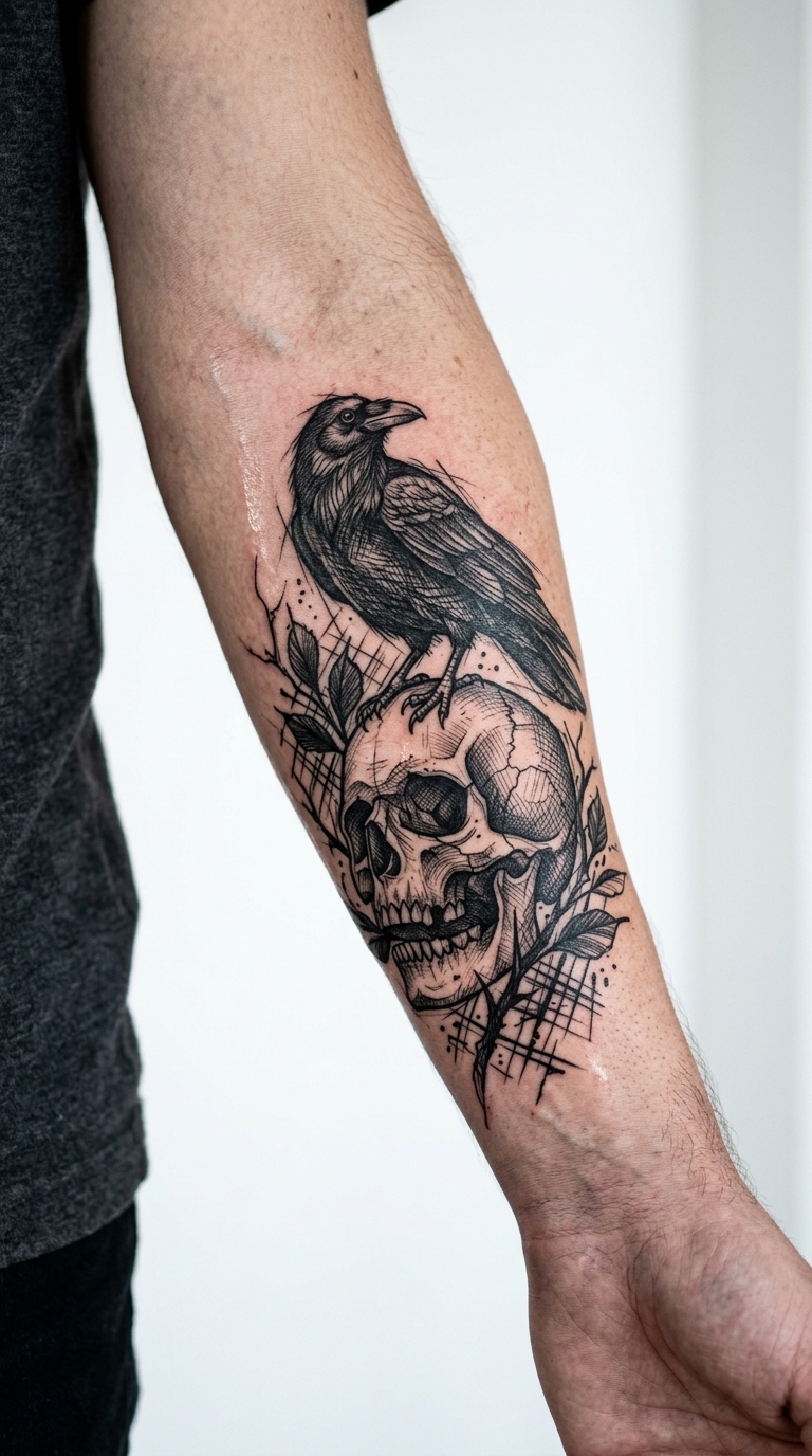 Krähe auf Totenschädel Tattoo Vorlage für den Unterarm