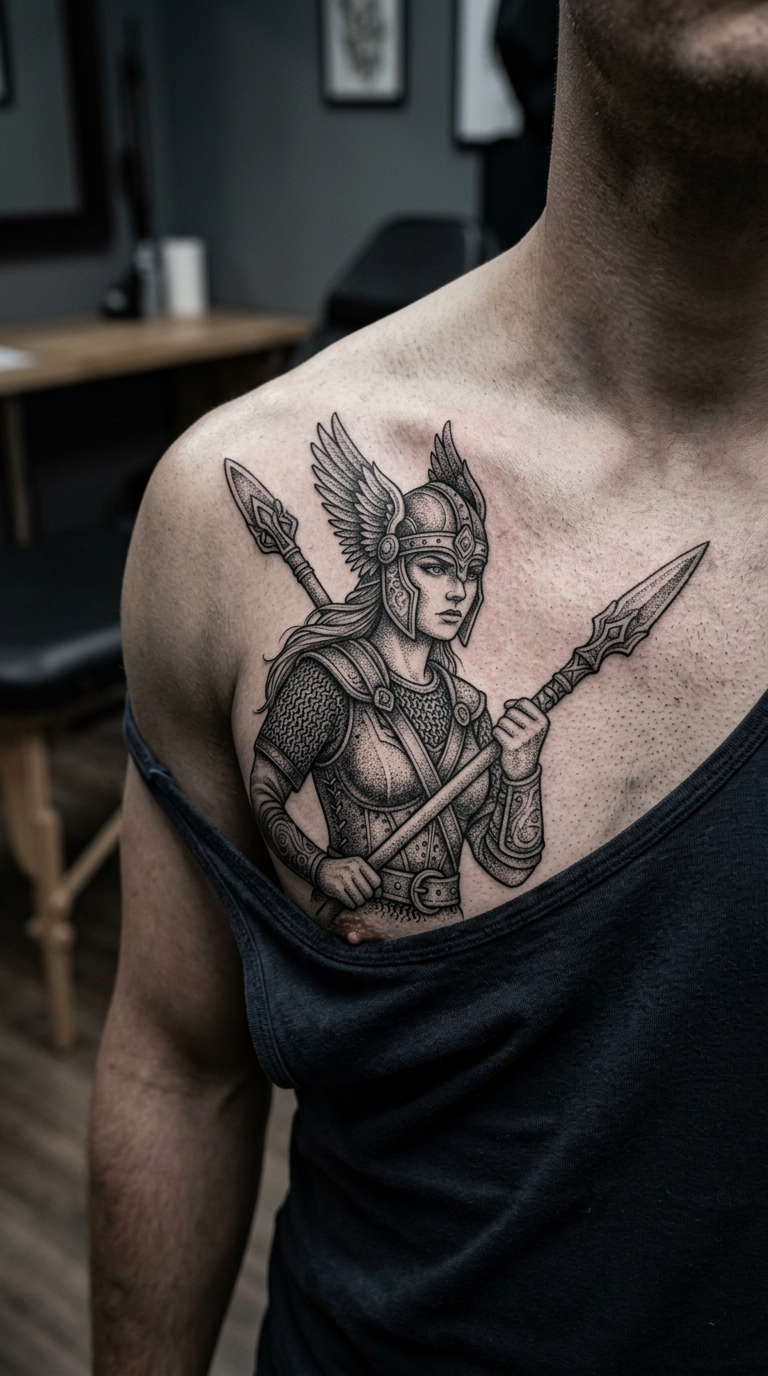 Kriegerin mit Lanze als Dotwork Tattoo Idee für Brust & Oberkörper