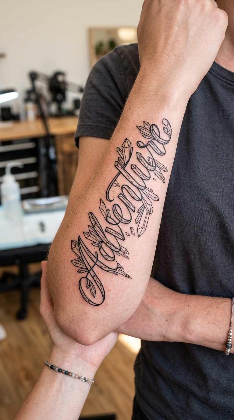 Kristallhöhle als geschwungenes Schrift Tattoo auf dem Arm
