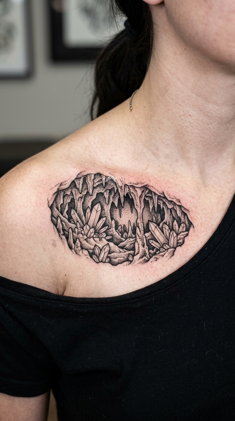 Kristallhöhle Tattoo Vorlage im Dotwork Stil für das Schlüsselbein
