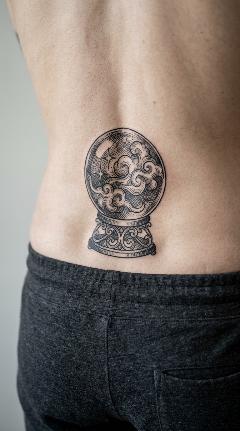 Kristallkugel Tattoo Idee für das Steißbein