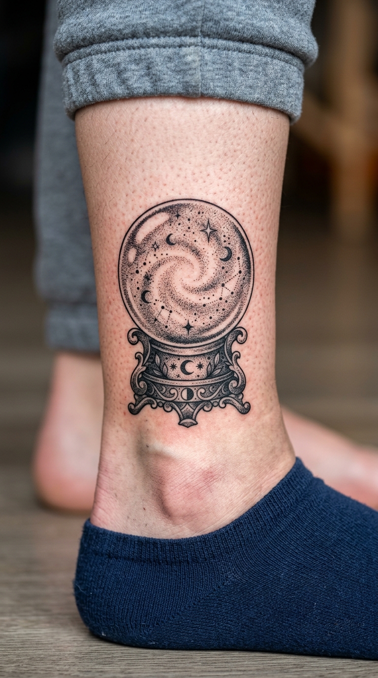 Kristallkugel Tattoo Idee für den Knöchel