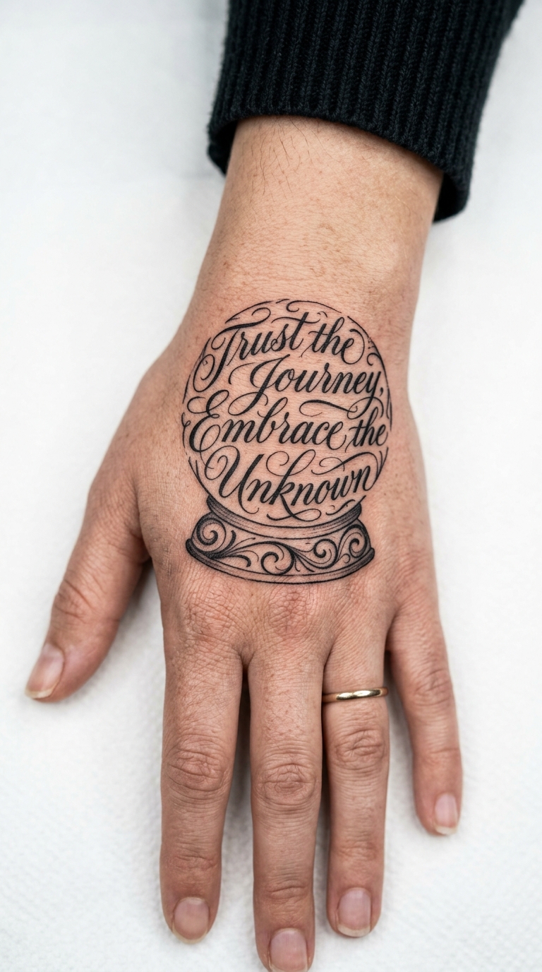 Kristallkugel Tattoo Idee mit feinem Schriftzug für die Hand