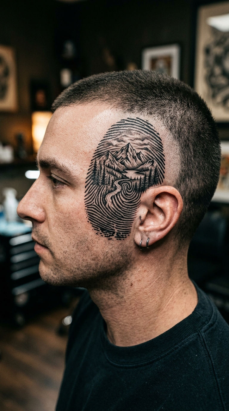 Landschaft im Fingerabdruck als Realistic Tattoo für den Kopf