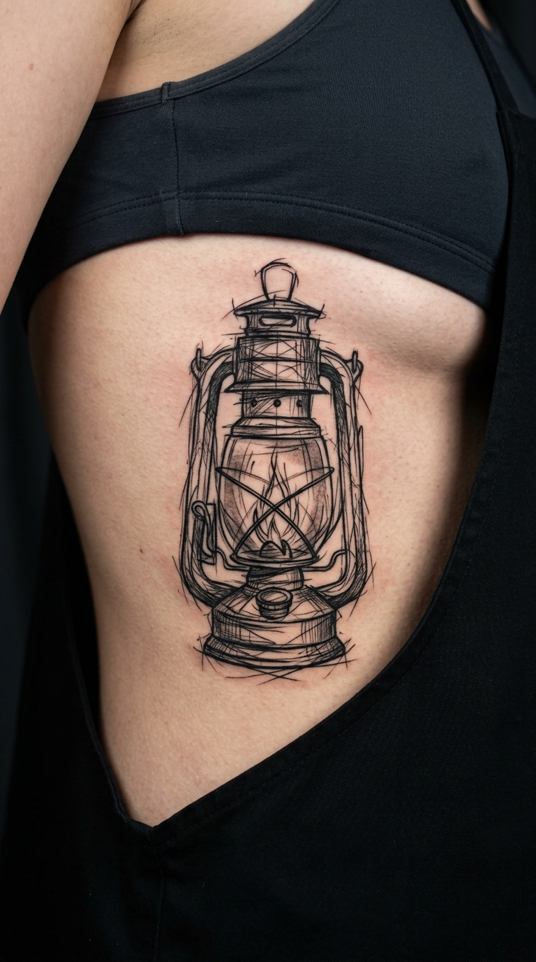 Laterne als kreuz und quer Tattoo für den Underboob