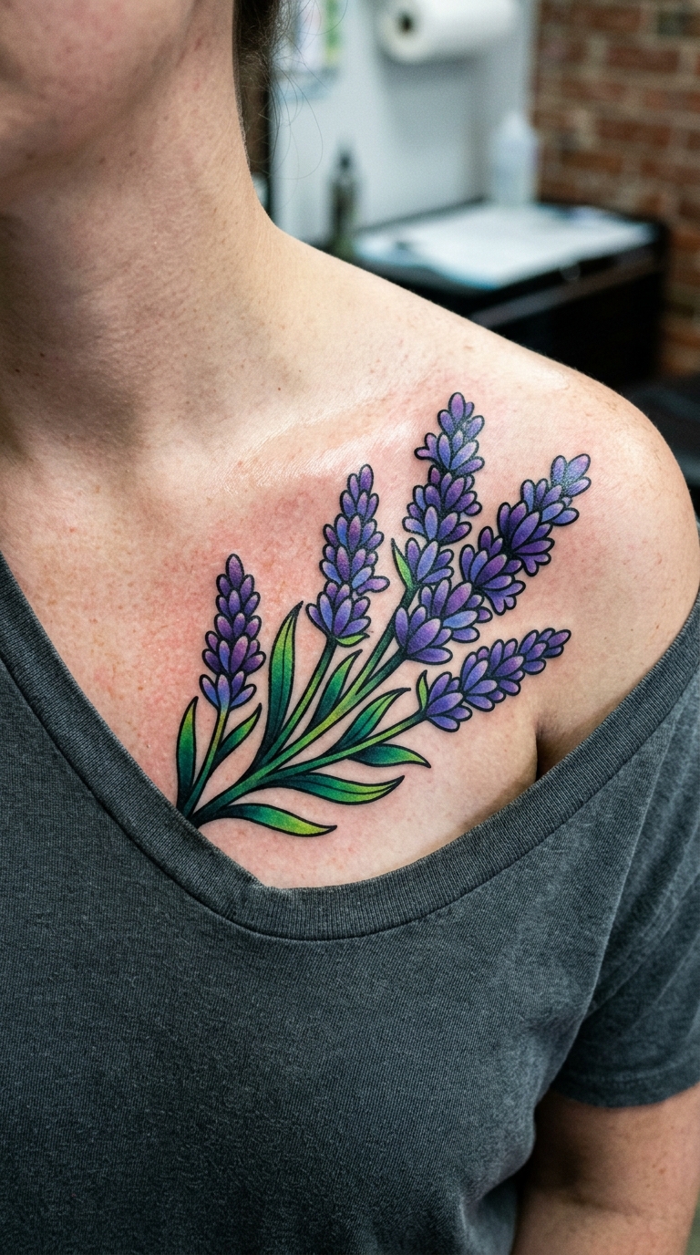 Lavendel als florale Tattoo Idee für Brust & Oberkörper