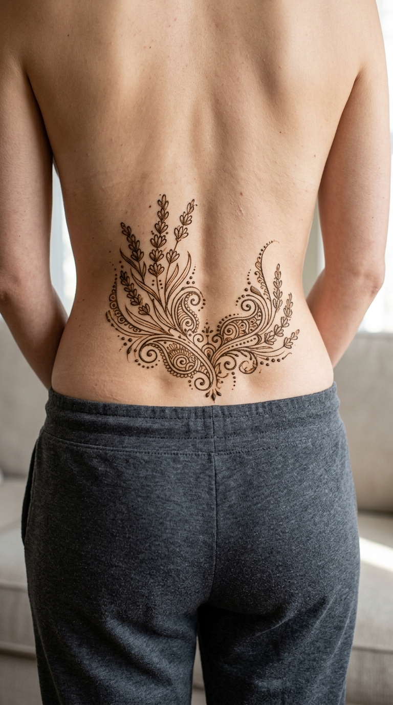Lavendel als Henna Tattoo Idee für das Steißbein