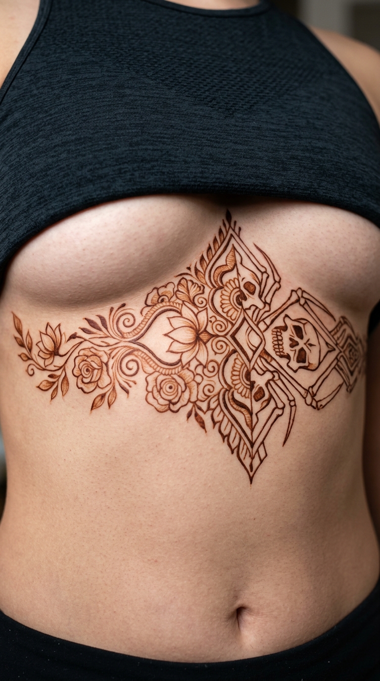 Leben und Tod als filigranes Henna Tattoo für den Underboob