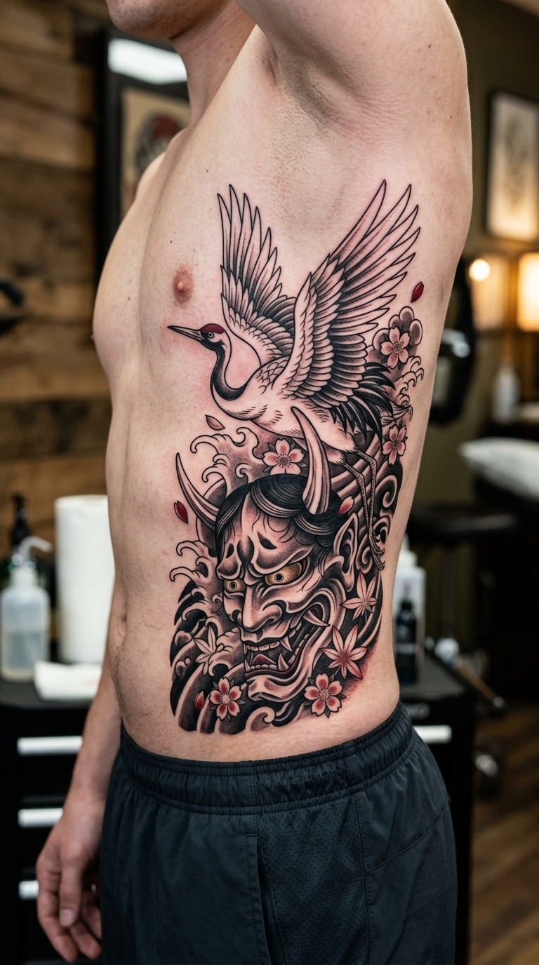 Leben und Tod als japanisches Tattoo für die Rippen