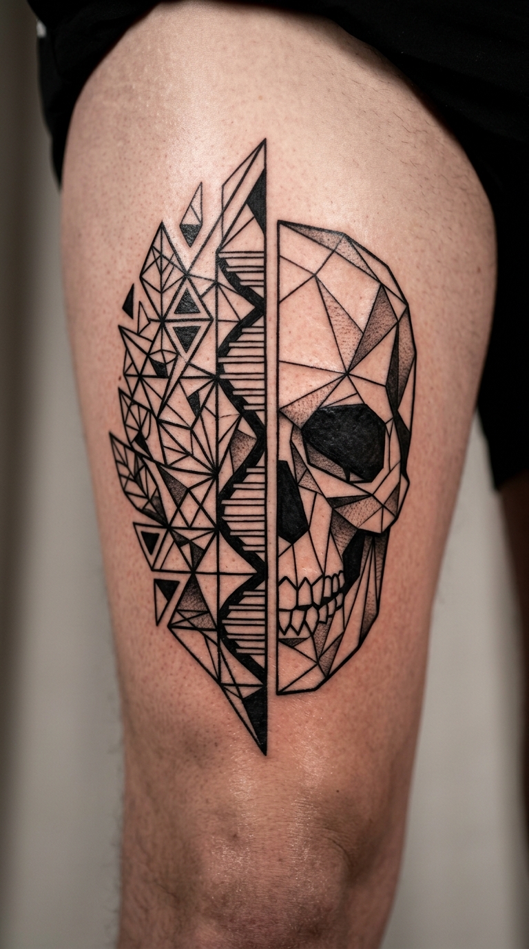 Lebenszyklus und Vergänglichkeit als geometrisches Tattoo für den Oberschenkel