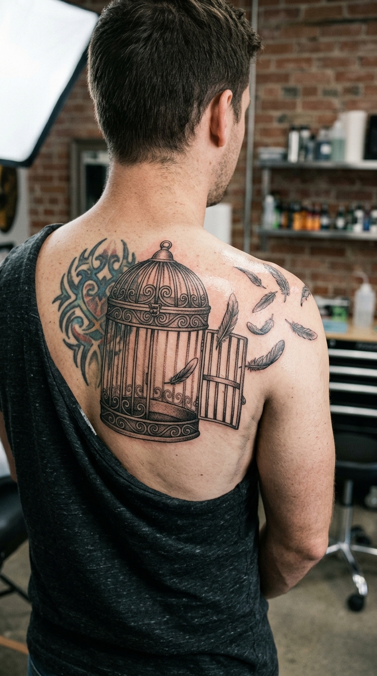 Leerer Vogelkäfig als großflächiges Cover up Tattoo für den Rücken