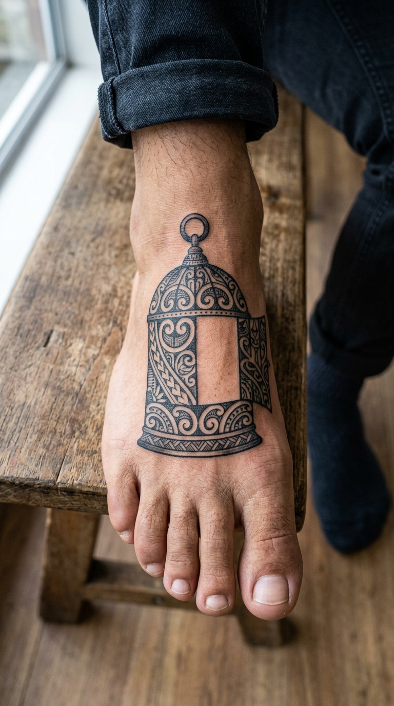 Leerer Vogelkäfig als Maori Tattoo Idee für den Fuß