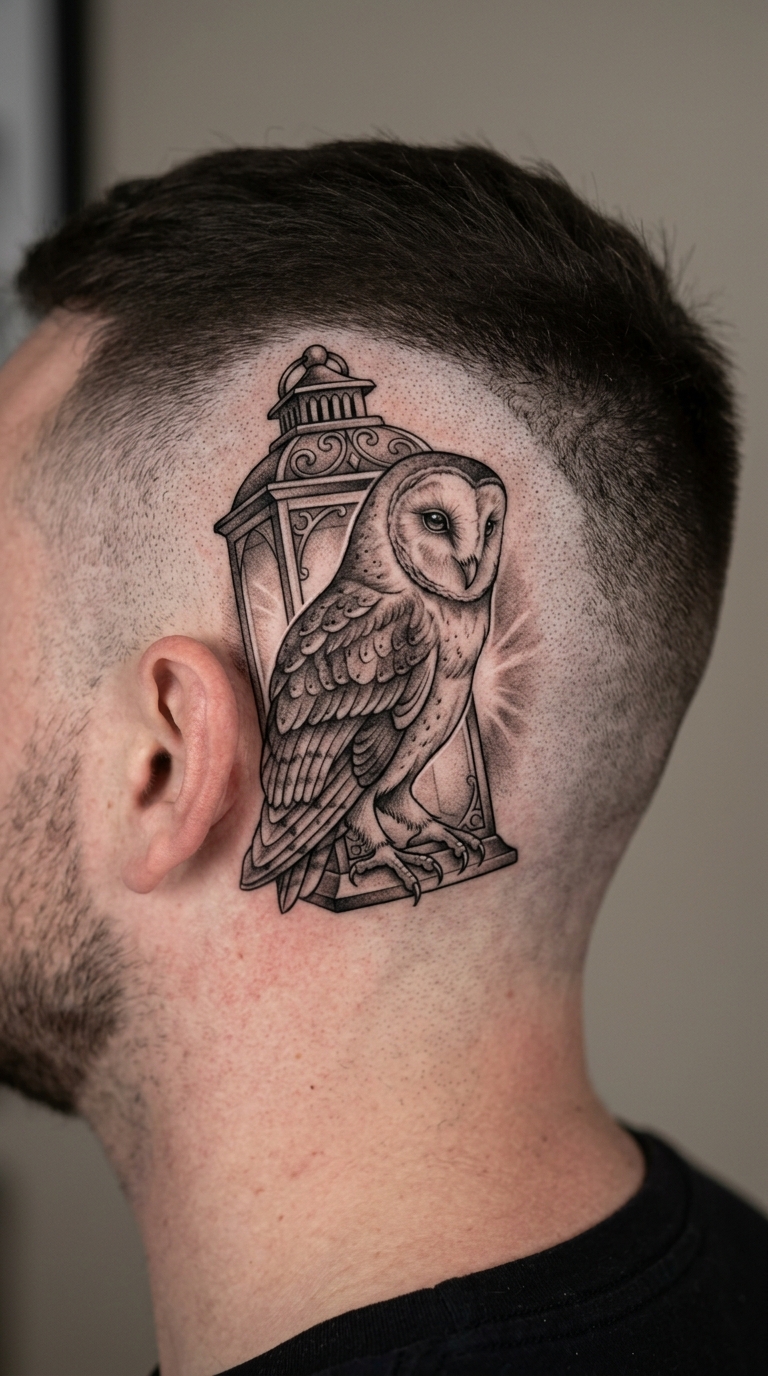 Leuchtende Eule in einer Laterne Tattoo Idee für den Kopf