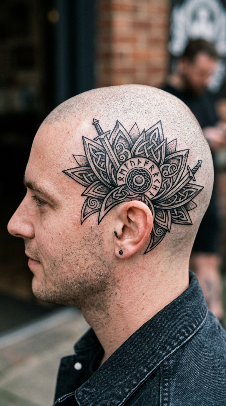 Lotusblüte als Wikinger und Celtic Tattoo auf dem Kopf