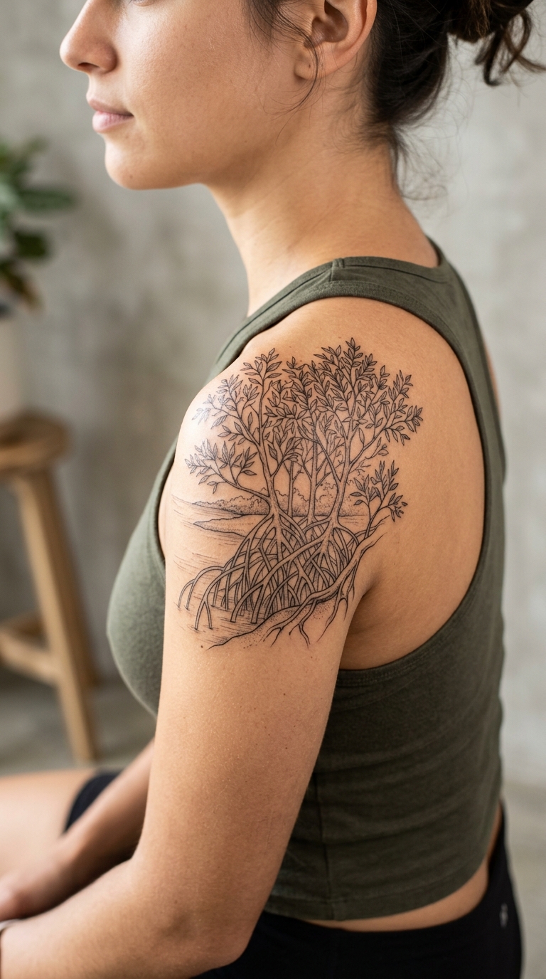 Mangrovenwald als filigranes Fineline Tattoo für die Schulter