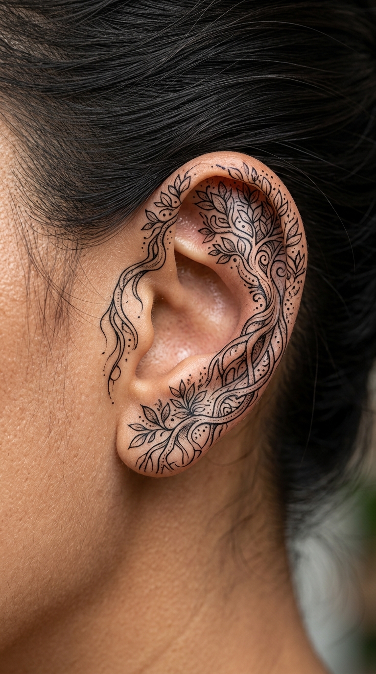 Mangrovenwald als filigranes Henna Tattoo für das Ohr