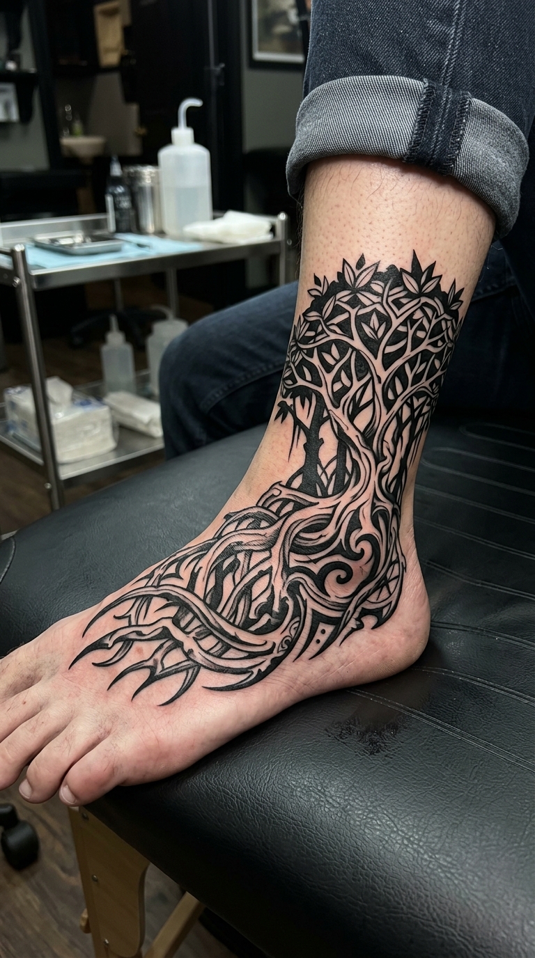 Mangrovenwald als Tribal Tattoo Idee für den Fuß
