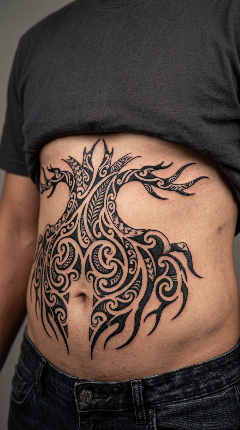 Maori Tattoo mit Baumwurzeln als Idee für den Bauch
