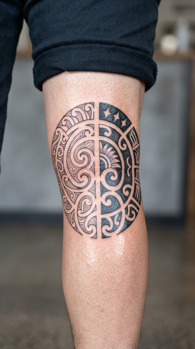 Maori Tattoo mit Tag und Nacht Motiv für die Kniekehle