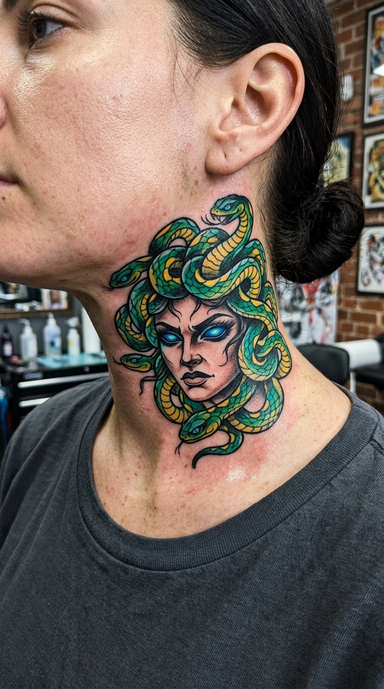 Medusa als Oldschool und Newschool Tattoo für den Nacken