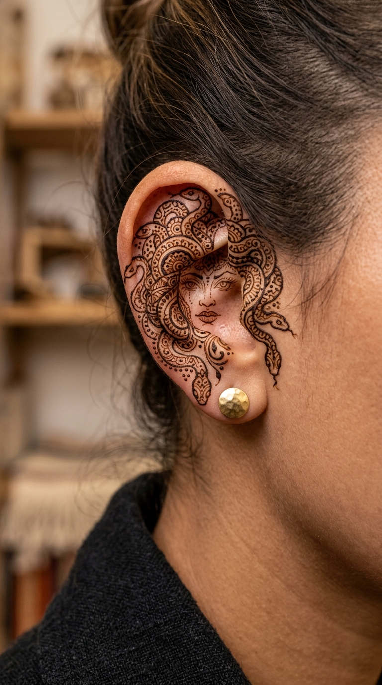 Medusa Tattoo Vorlage als Henna Design für das Ohr